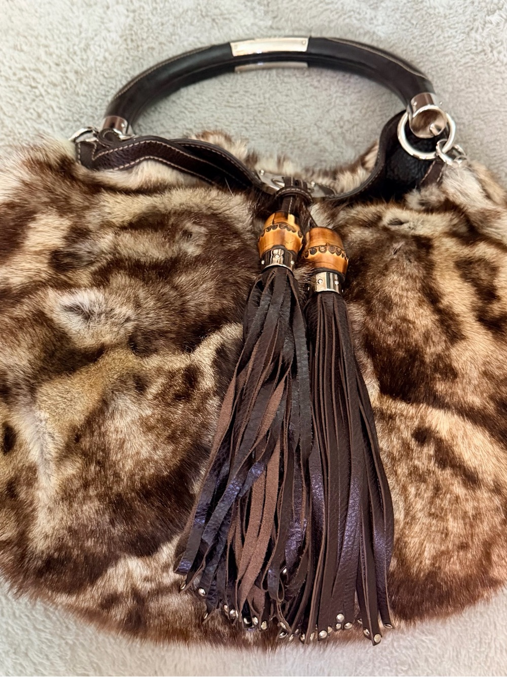 Gucci Brown Faux Fur Tassel Hobo Shoulder Bag